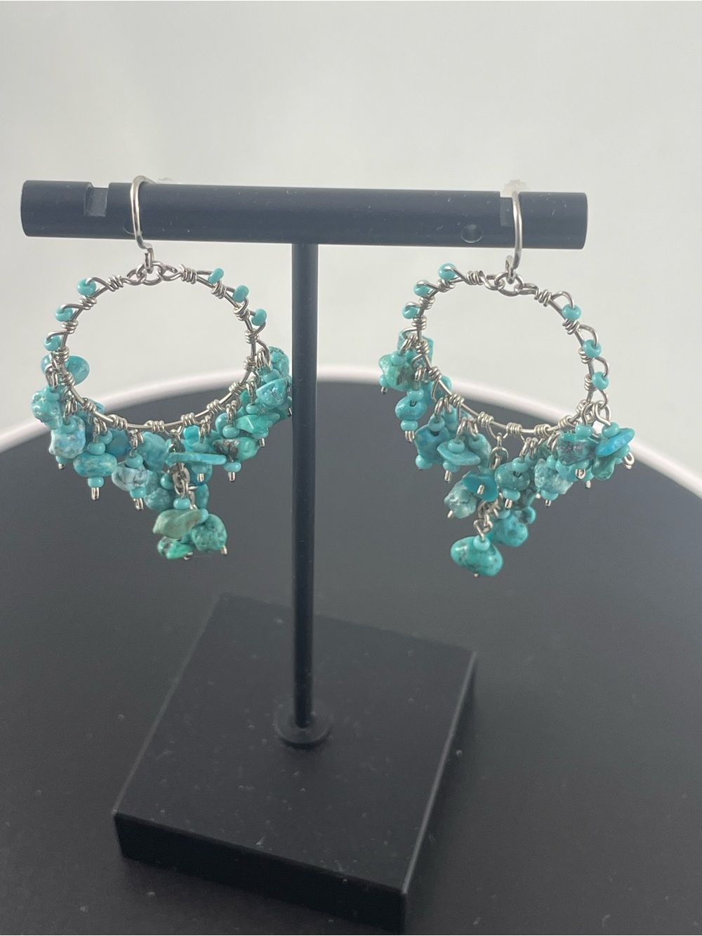 Turquoise Chip Hoop Dangle Earrings - Blue Green Gemstone Fashion Jewelry